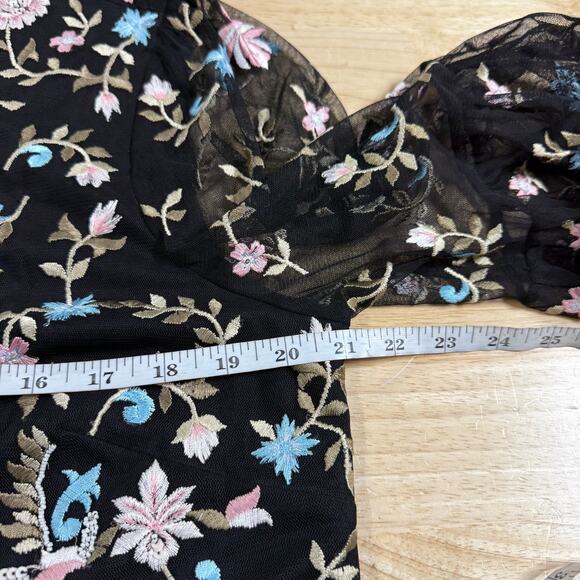 Mac Duggal NWT Floral Embellished Embroidered Gown Blouson Sleeves Size 16 Black - Picture 7 of 10